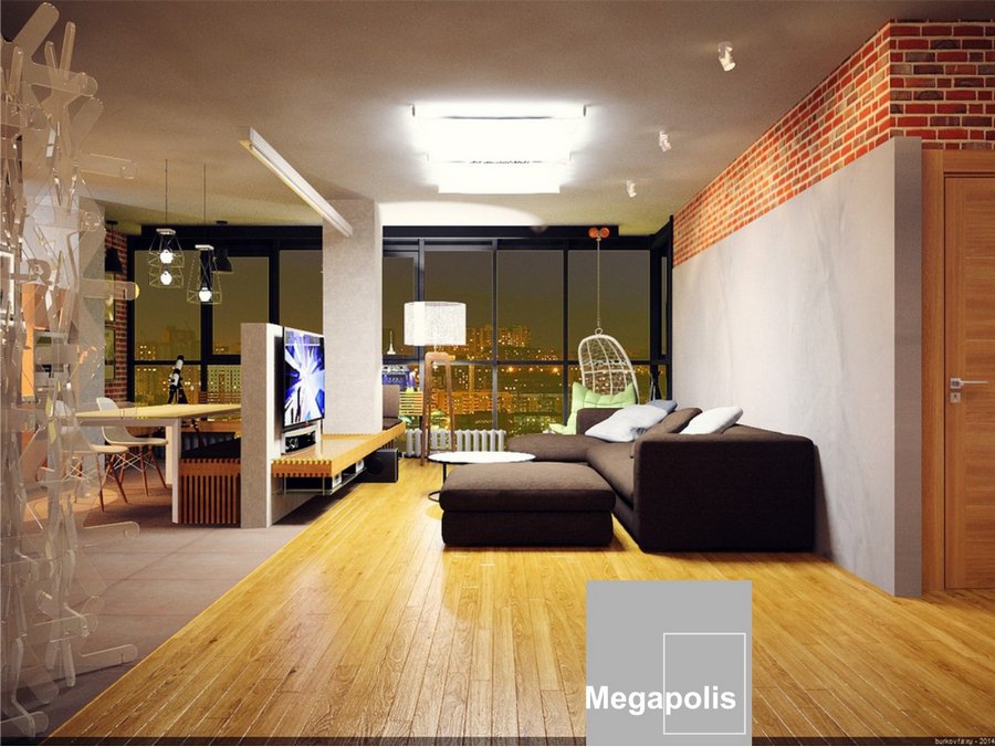 эскиз дизайна гостиной студии с панорамным остеклением